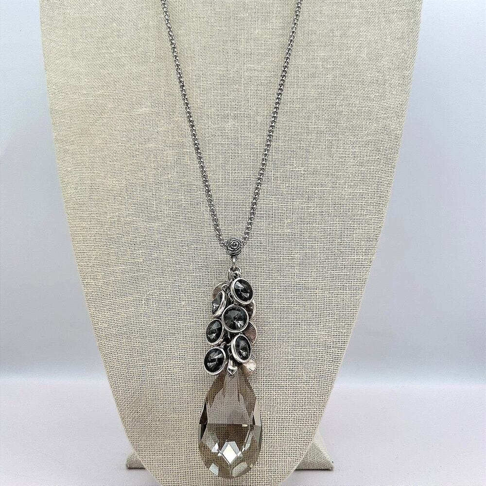 Vintage 80s Silver Tone Large Smokey Quartz Teardrop Statement Necklace Jewelry